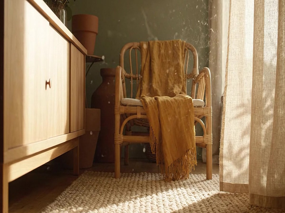 A sunlit living room with an oak sideboard, rattan chair and wool rug
